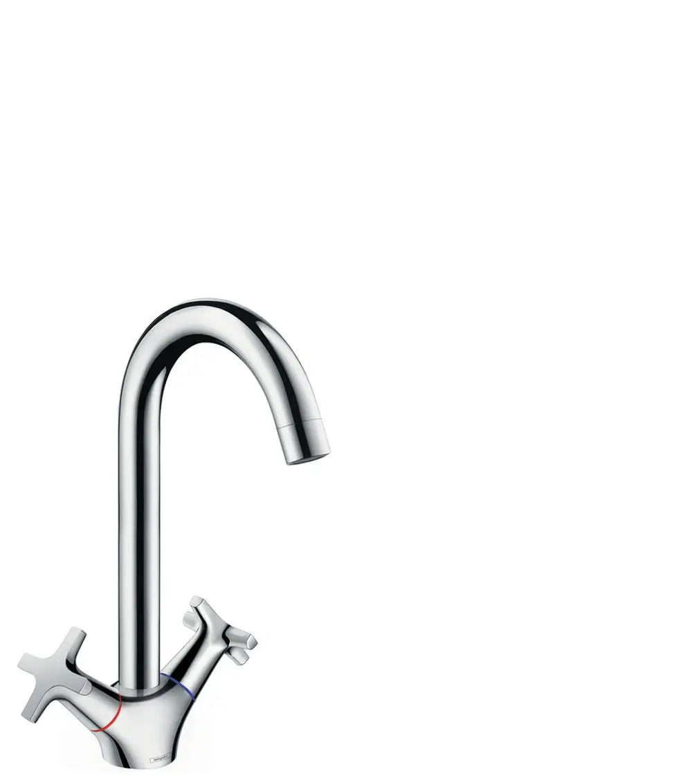 Küchenmischer von Hansgrohe mit zwei Griffen und einem gebogenen Auslauf in Chrom, ideal zum Regulieren der Wassertemperatur und -menge.